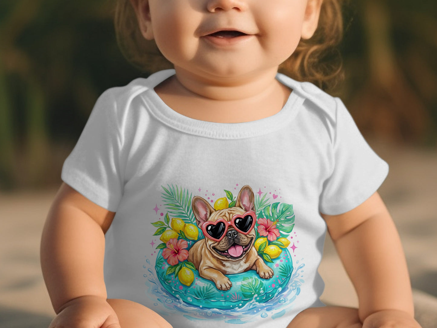 Baby wearing a white onesie with a French bulldog in heart sunglasses on a float.