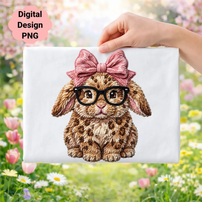 Bunny with pink bow, glasses, and leopard print ears, on white background.