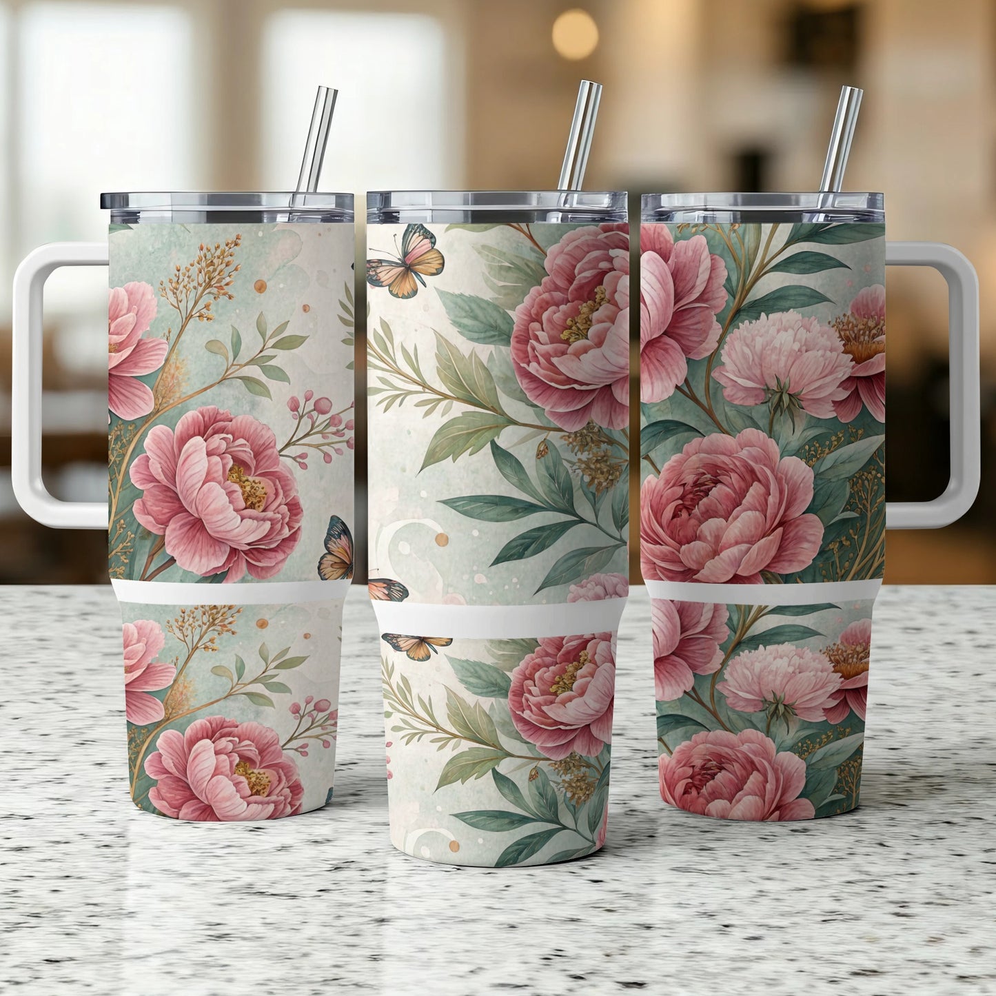 Three tumblers with pink peonies and butterflies design.