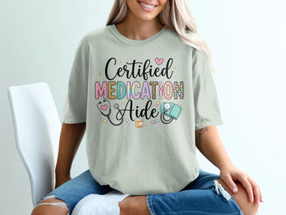 Certified Medication Aide graphic tee with medical icons.