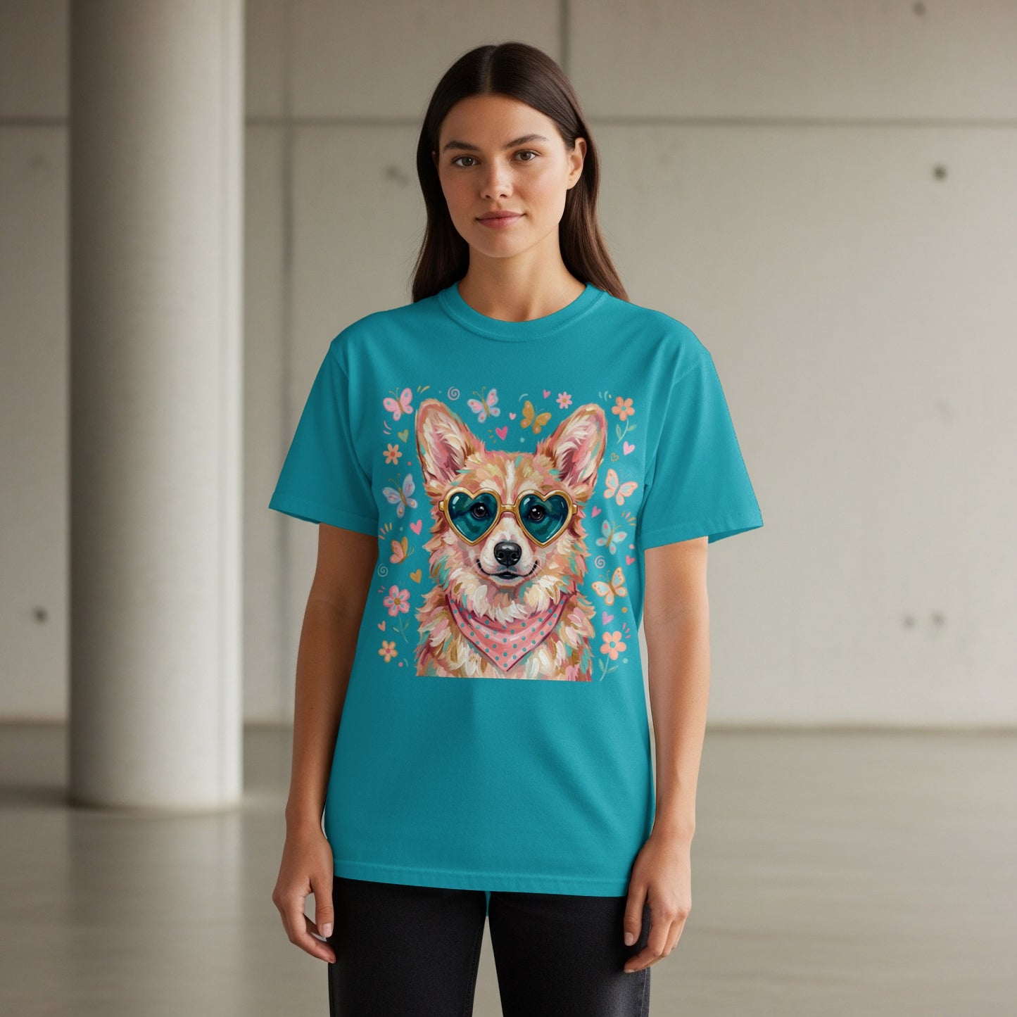 Corgi wearing heart sunglasses and bandana, with butterflies on t-shirt.