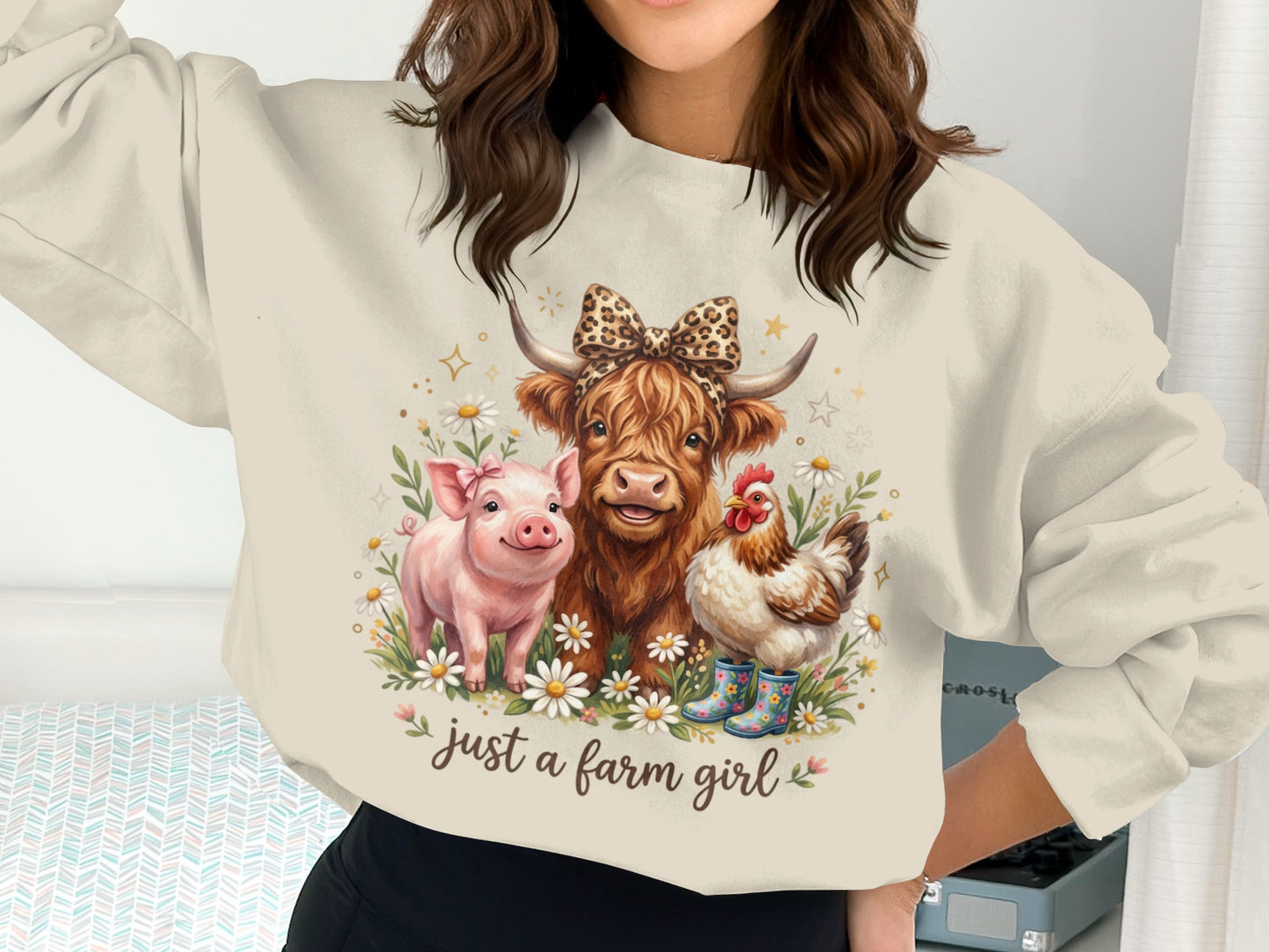 Crewneck sweatshirt featuring a pig, cow, and chicken with flowers and "just a farm girl" text.