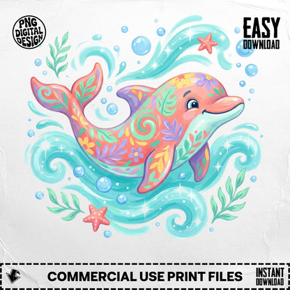 Colorful dolphin with floral patterns swimming in blue waves.