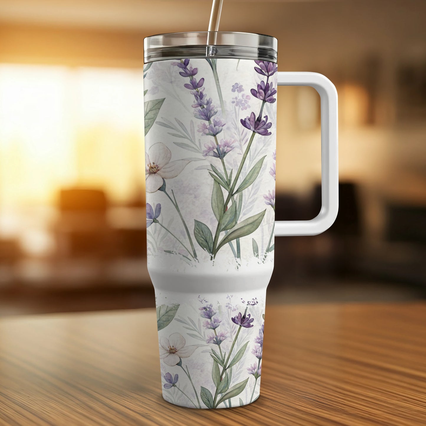 White tumbler with purple lavender and white floral pattern, lid and handle.