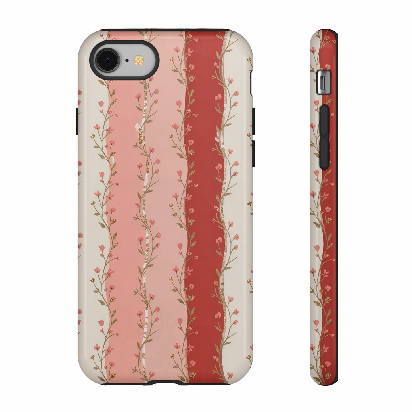 Phone case with a floral stripe pattern in pink and beige.