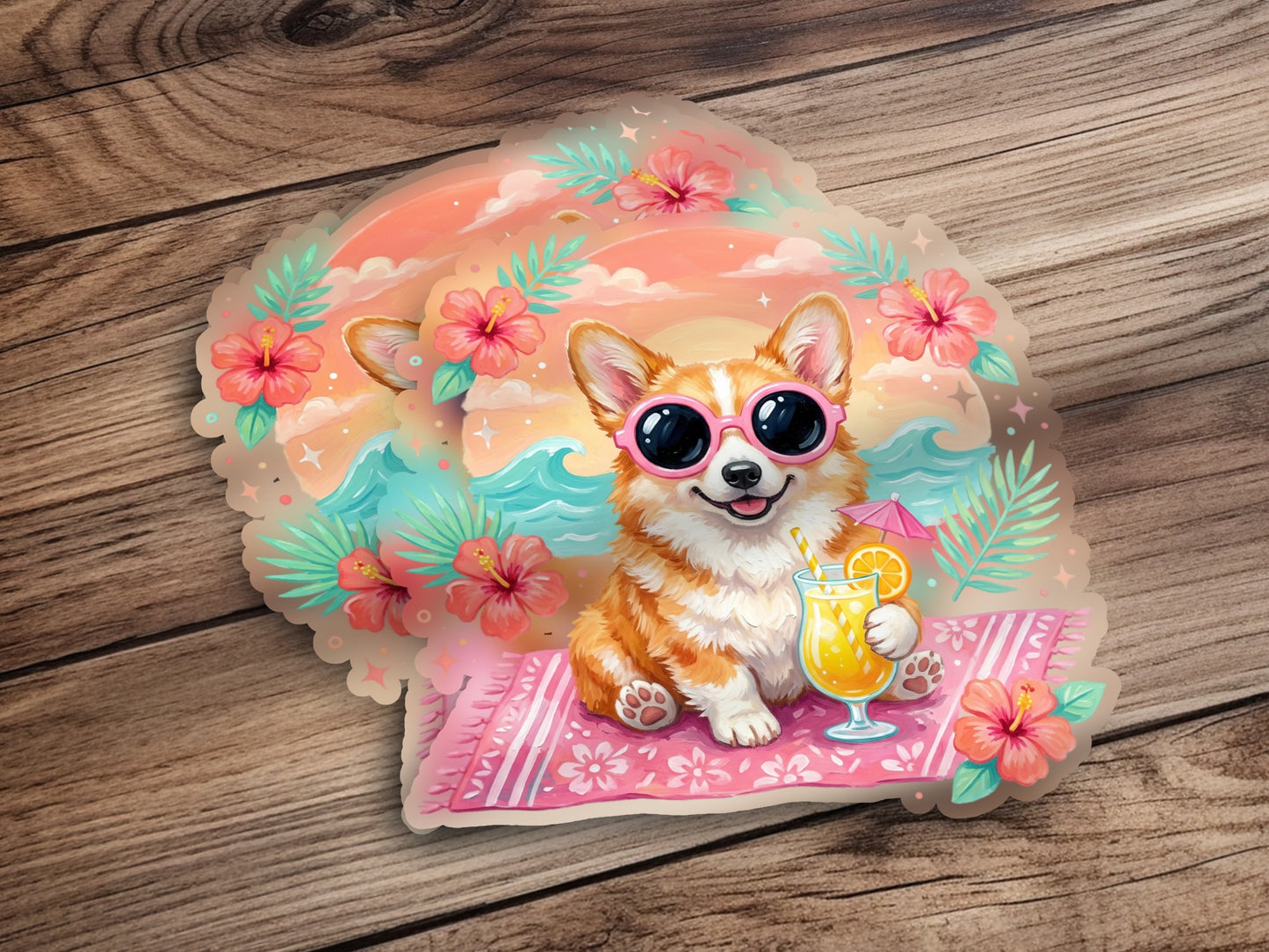 Smiling corgi in sunglasses with cocktail on beach towel.