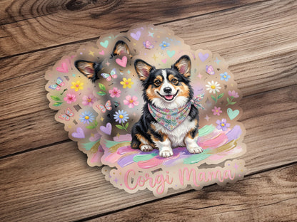 Corgi Mama sticker with smiling corgi and pastel floral accents.