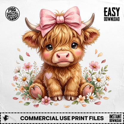 Cute cartoon highland cow with pink bow and flowers.