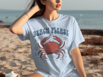 Light blue t-shirt with a large red crab and "BEACH PLEASE" text.