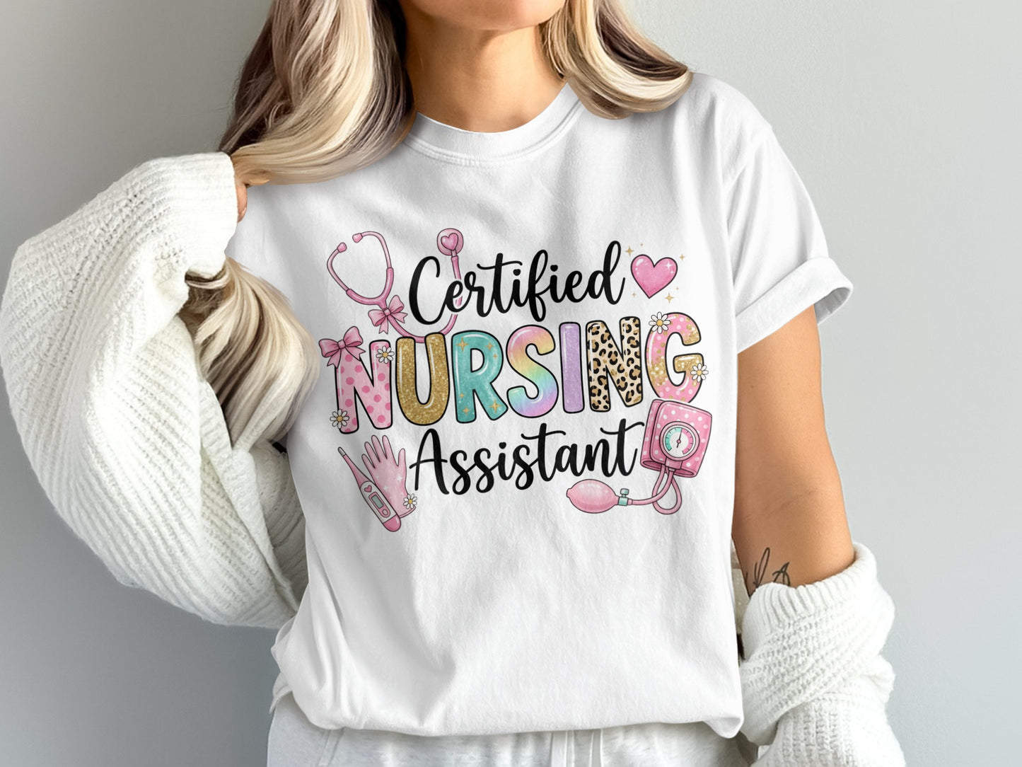 White t-shirt with "Certified Nursing Assistant" in colorful, playful text.