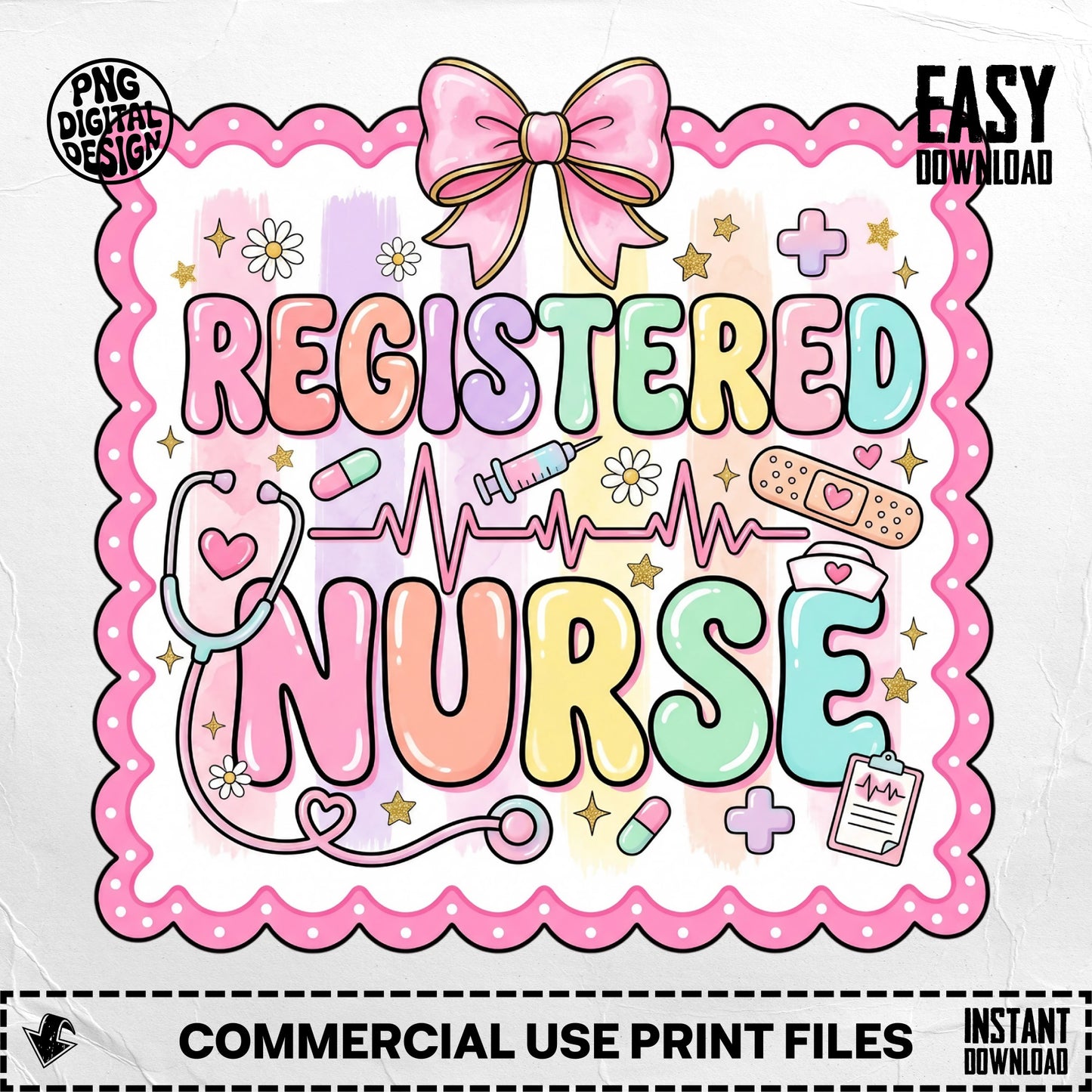 Registered Nurse text with medical icons and pink border.