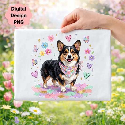 Corgi wearing a bandana with colorful floral and butterfly accents.