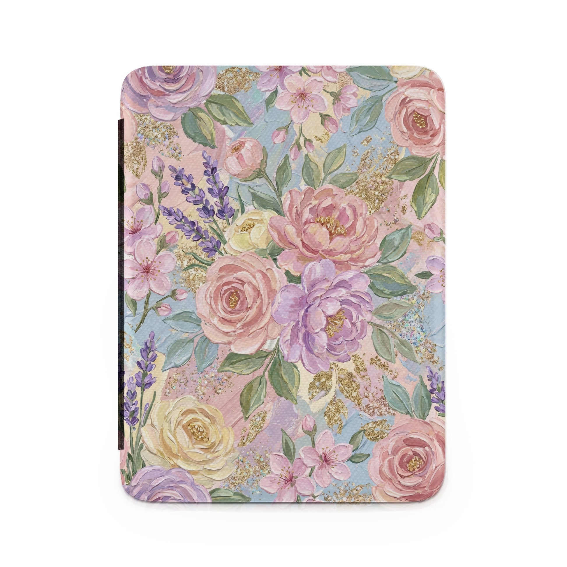 Floral pattern of pink and purple roses with lavender and glitter accents.
