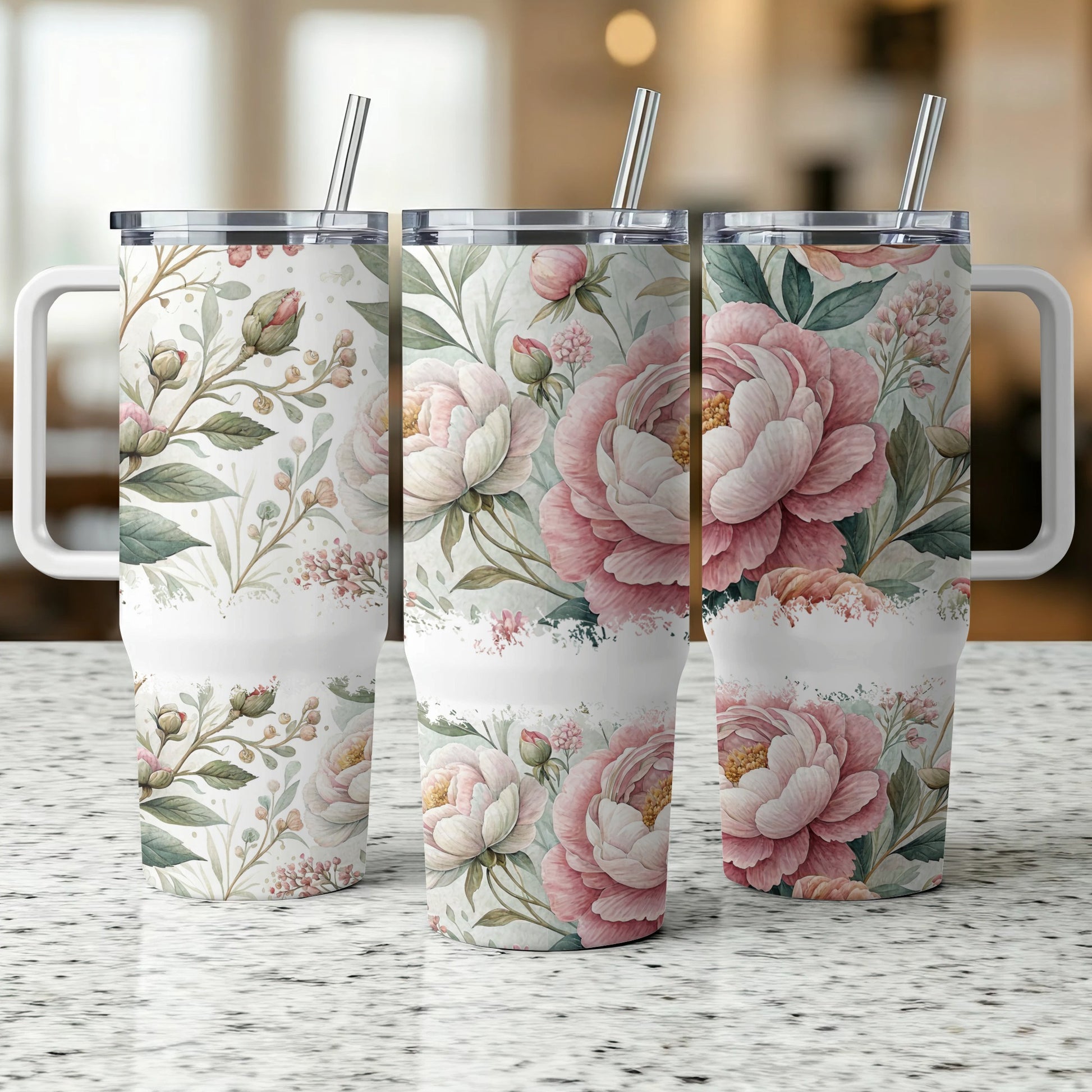 Three floral tumblers with handles and straws, showcasing pink peonies and green leaves.