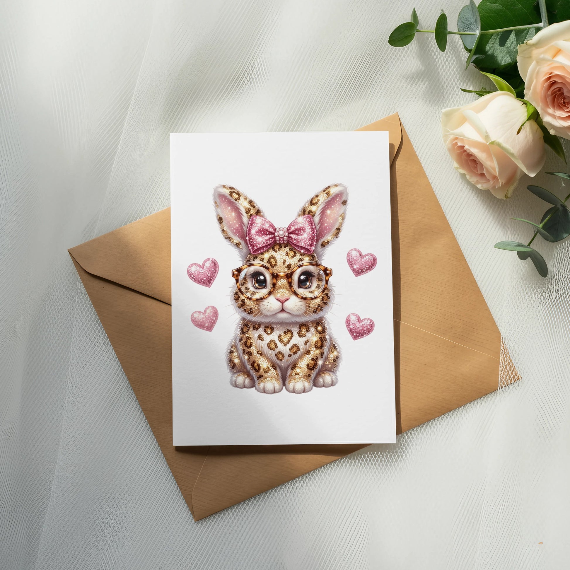 Cute leopard-print bunny with glasses on a card with pink hearts.