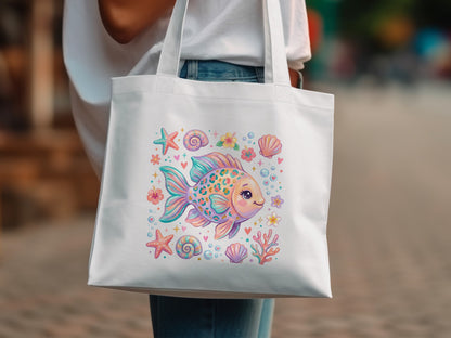 White tote bag with a colorful cartoon fish and seashells design.