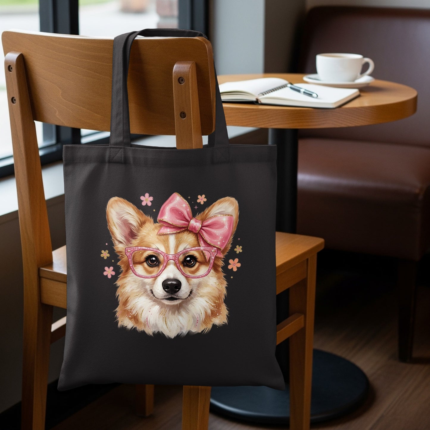 Black tote bag with a corgi wearing pink glasses and a bow.