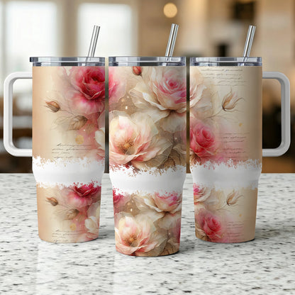 Three tumblers with floral rose watercolor design and white band.