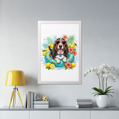 Beagle dog wearing heart sunglasses in a pool float with lemons and flowers.