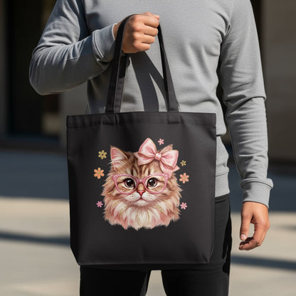 Black tote bag featuring a fluffy cartoon cat wearing glasses and a pink bow.