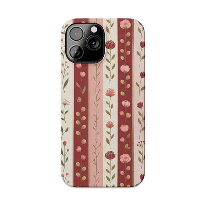 Floral phone case with stripes of pink roses and leaves.