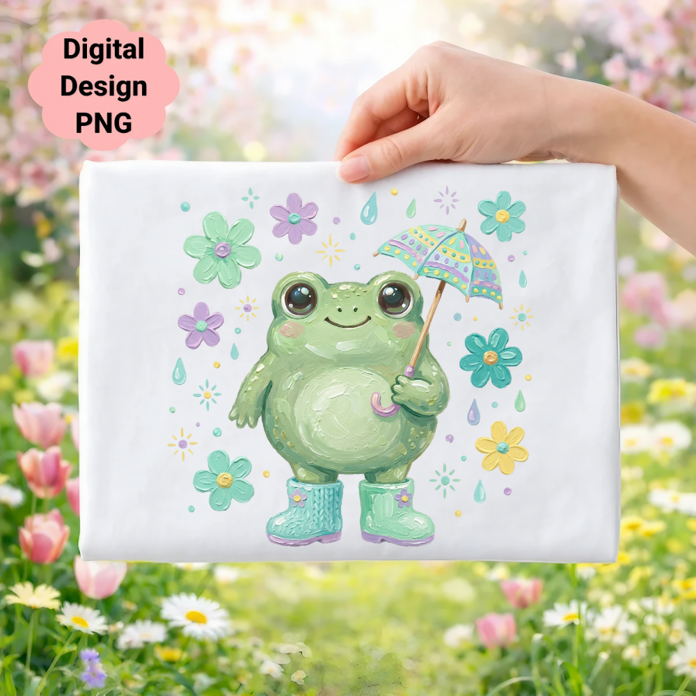Cute frog with umbrella and flowers, digital design PNG.