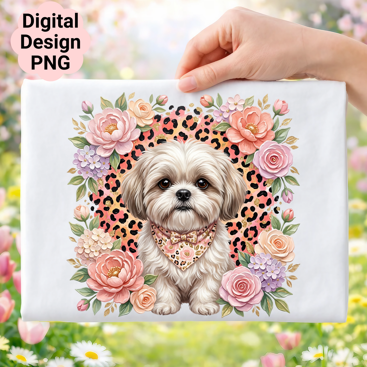 Shih Tzu dog surrounded by floral wreath and leopard print.