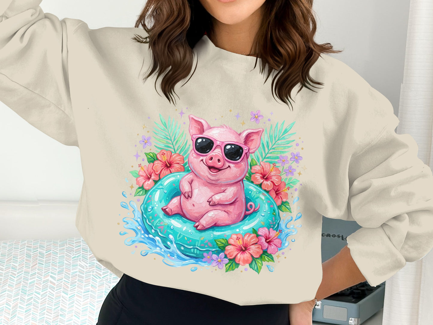 Pink pig in sunglasses on a pool float with flowers and leaves.
