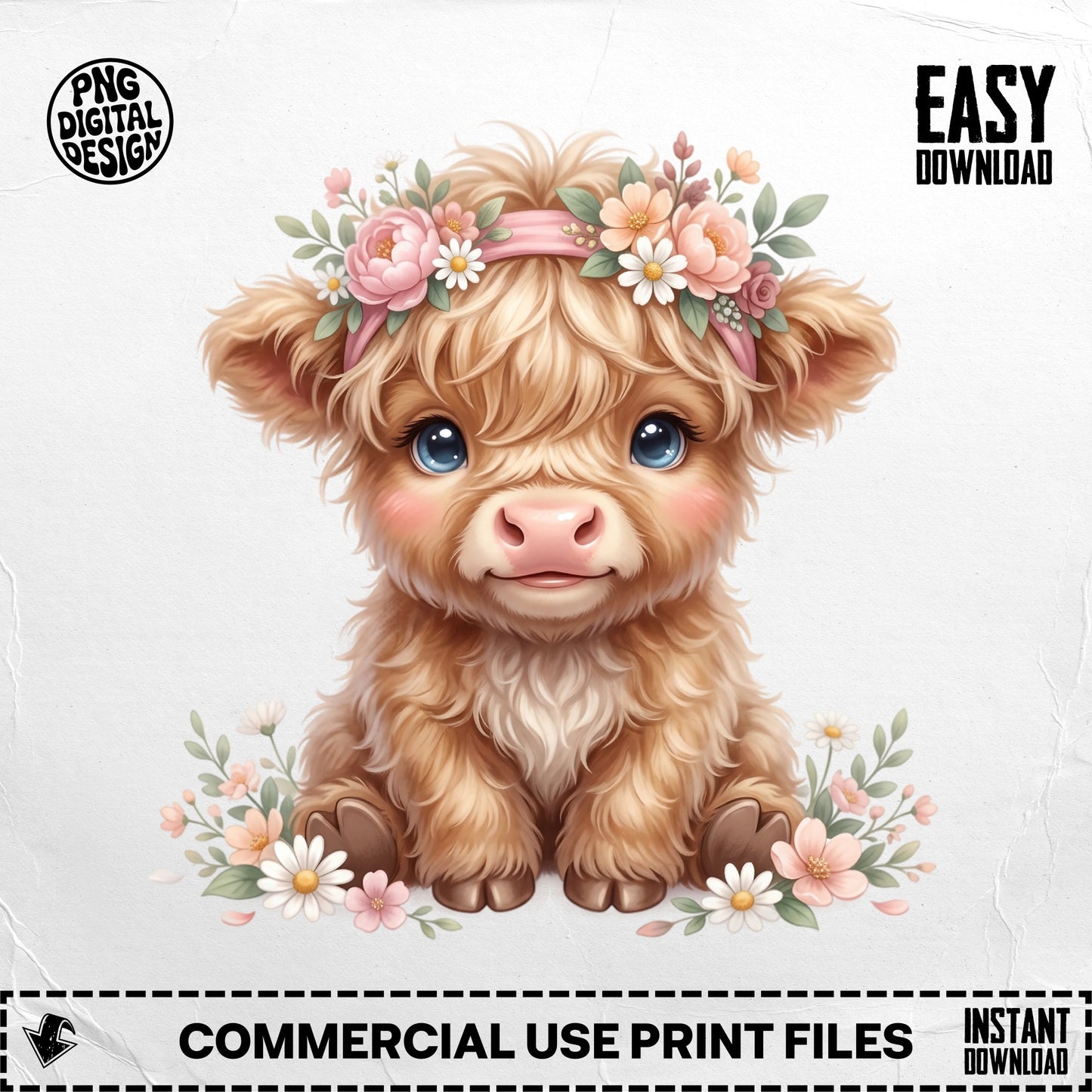 Cute baby highland cow with flowers in its hair.