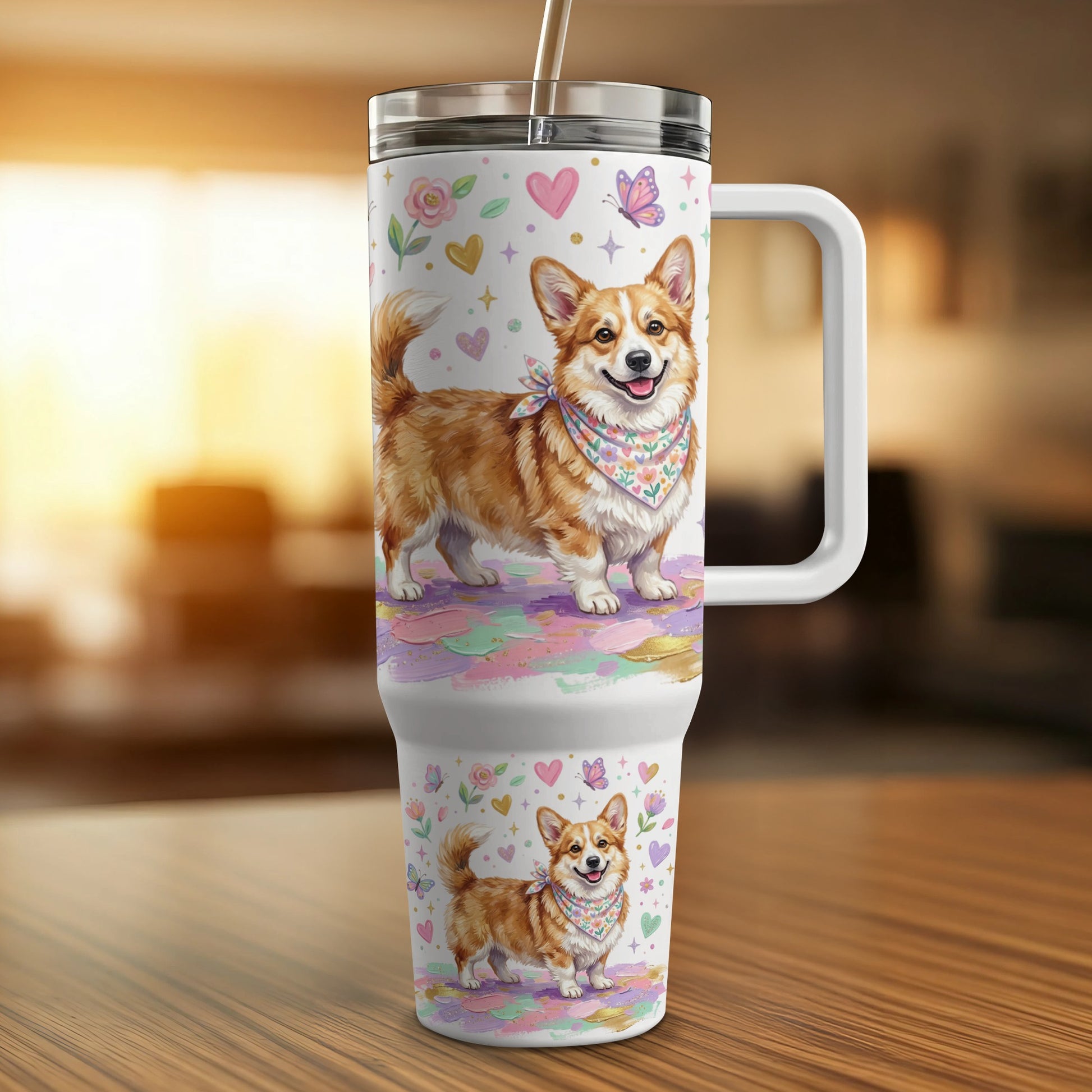 Corgi with bandana on travel tumbler with floral and butterfly accents.