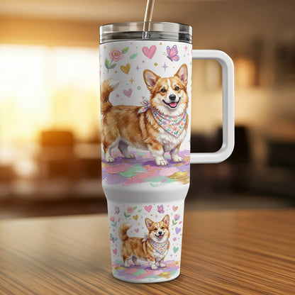 Corgi with bandana on travel tumbler with floral and butterfly accents.