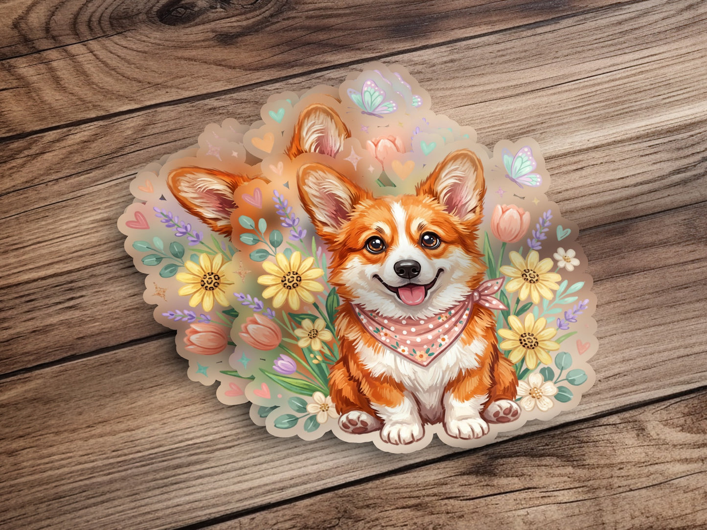 Smiling corgi wearing a bandana surrounded by flowers and butterflies.