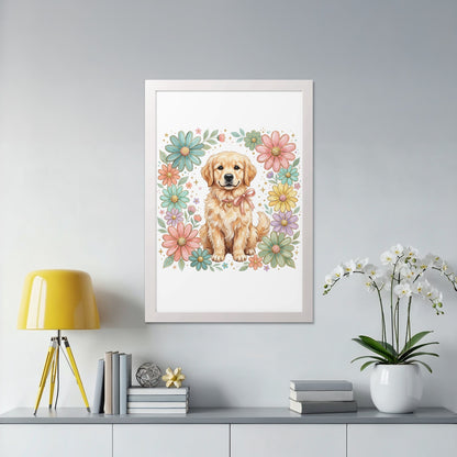 Framed watercolor of a golden retriever puppy surrounded by pastel flowers.