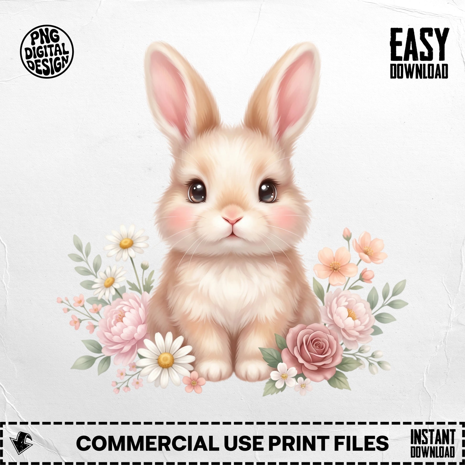 Cartoon bunny surrounded by flowers, "EASY DOWNLOAD" and "COMMERCIAL USE PRINT FILES" text.