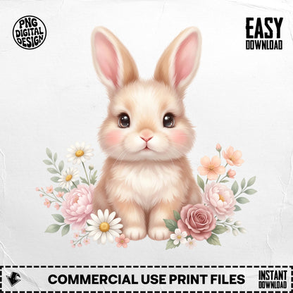 Cartoon bunny surrounded by flowers, "EASY DOWNLOAD" and "COMMERCIAL USE PRINT FILES" text.