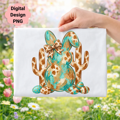 Watercolor Easter bunny with teal bow and cactus background.