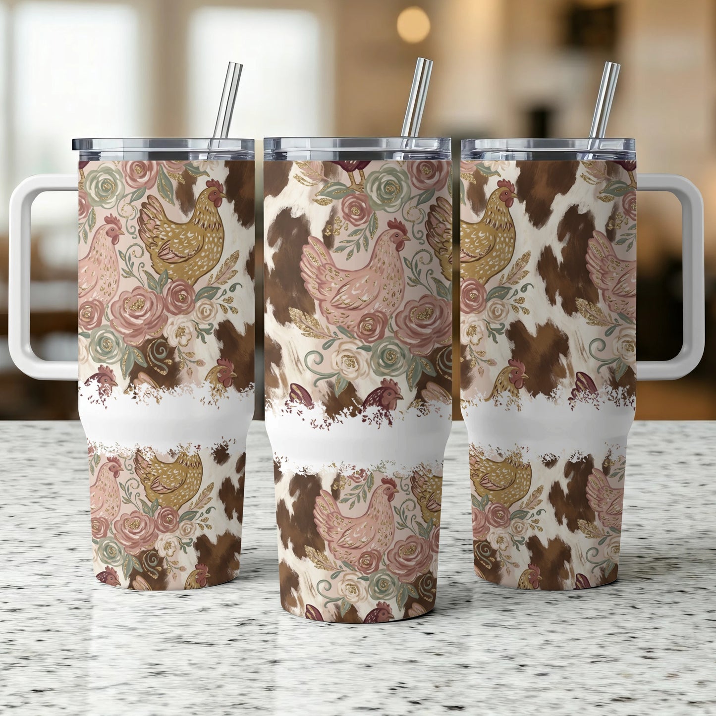 Three tumblers with chicken, rose, and cow print patterns.