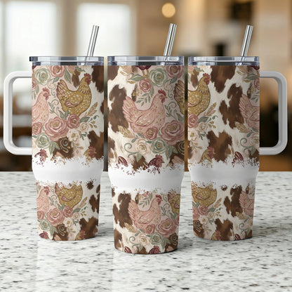 Three tumblers with chicken, rose, and cow print patterns.