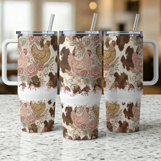 Three tumblers with chicken, rose, and cow print patterns.