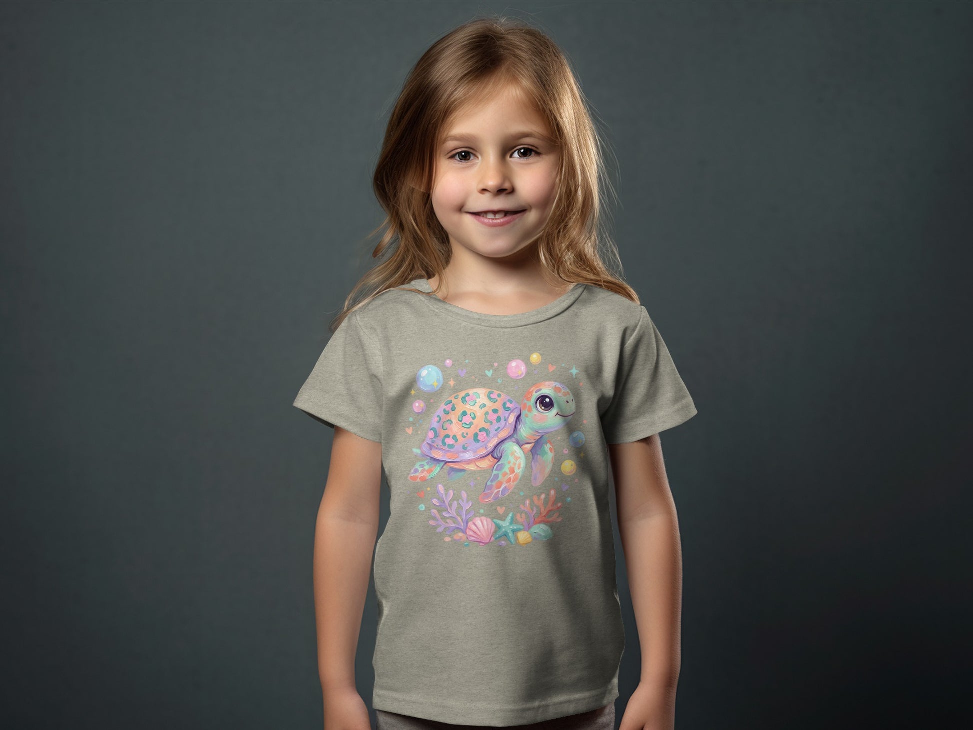 Young girl wearing a grey t-shirt with a colorful sea turtle and bubbles graphic.