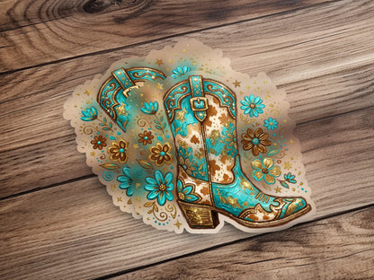 Turquoise and gold cowboy boot sticker with floral details.