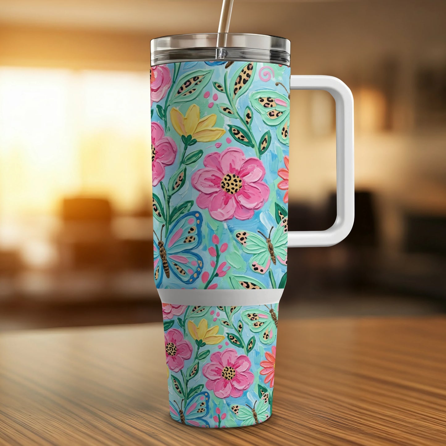 Tervis tumbler with a vibrant floral and butterfly pattern.
