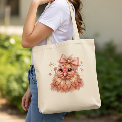 Cream tote bag with cute fluffy chick wearing glasses and pink bow.