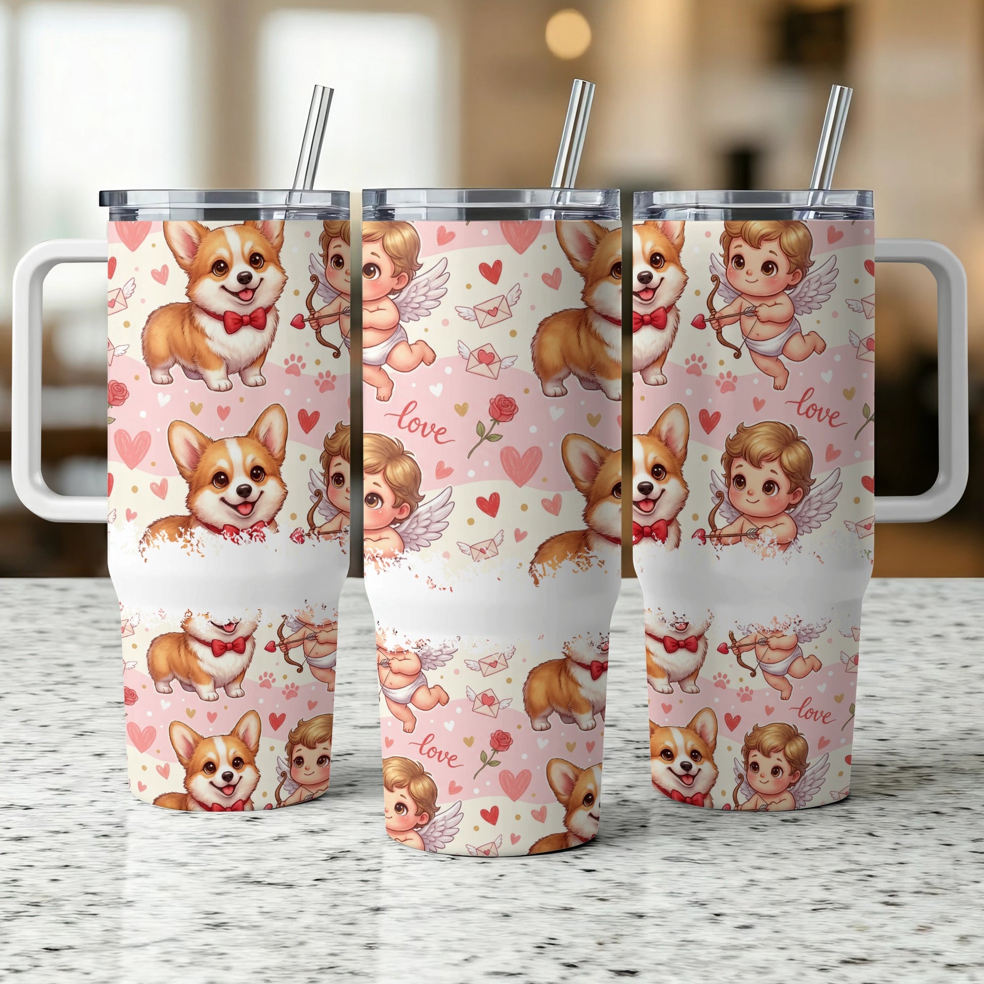 Three cups with corgi dogs and cupid illustrations.