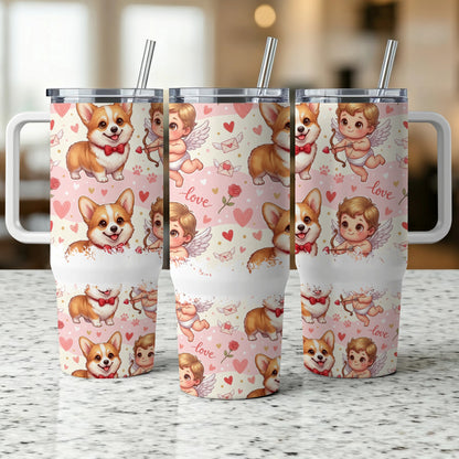 Three cups with corgi dogs and cupid illustrations.