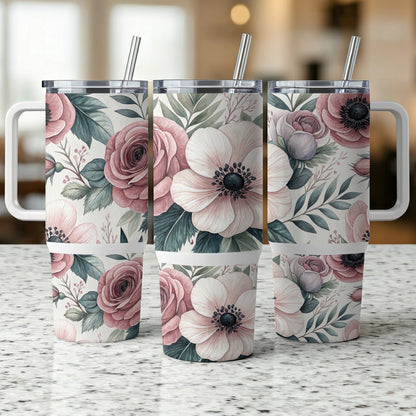 Three floral tumblers with straws, featuring pink roses and anemones.