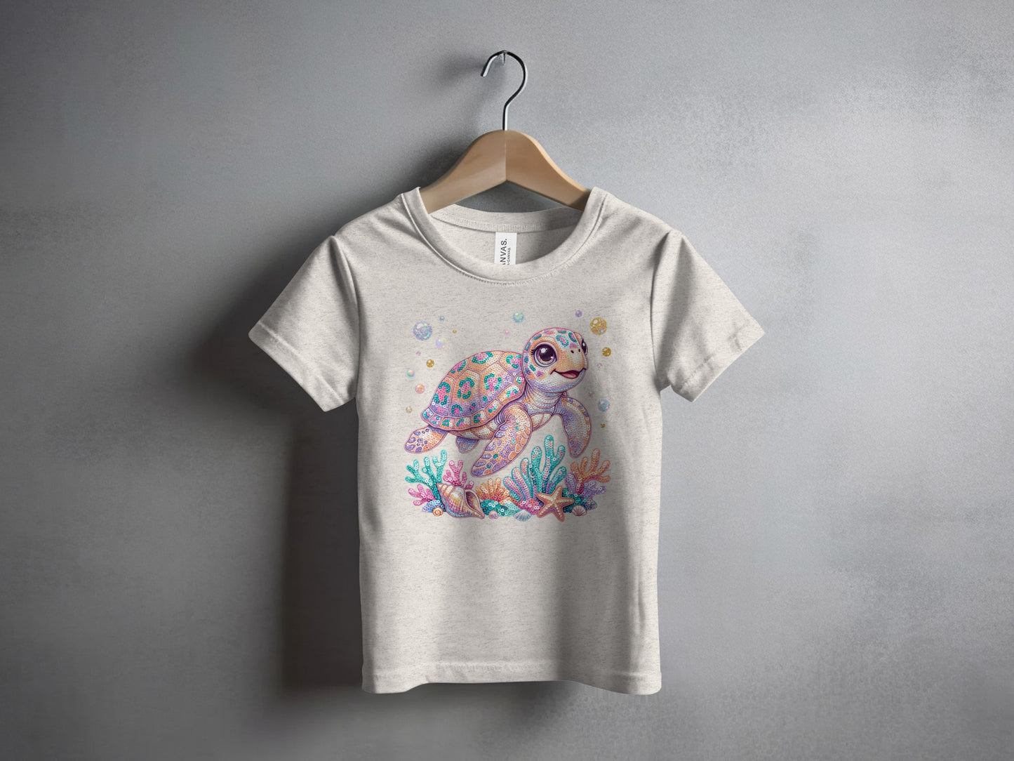 T-shirt with a colorful cartoon sea turtle and starfish graphic.