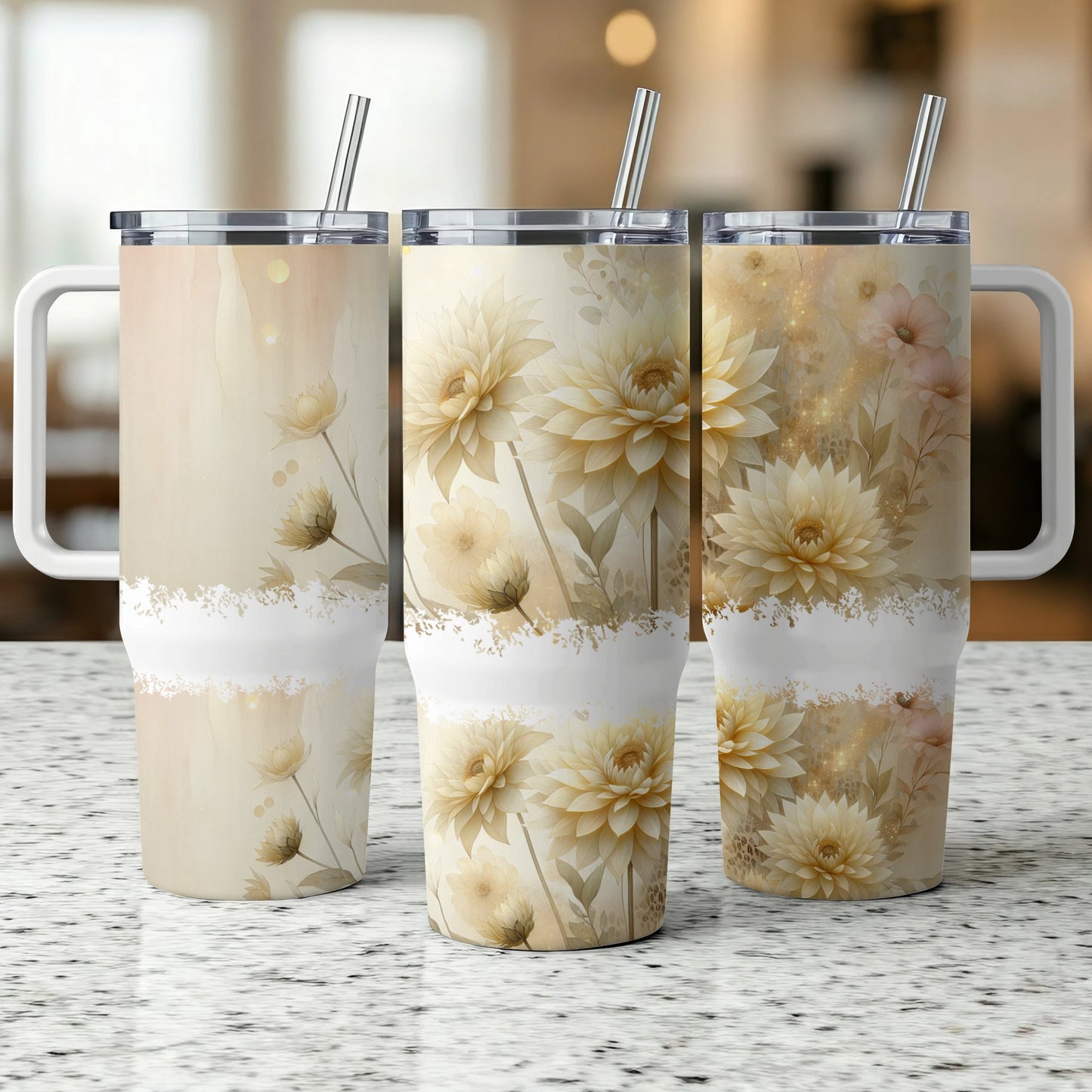 Three floral tumblers with beige and white watercolor designs on a counter.