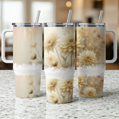Three floral tumblers with beige and white watercolor designs on a counter.