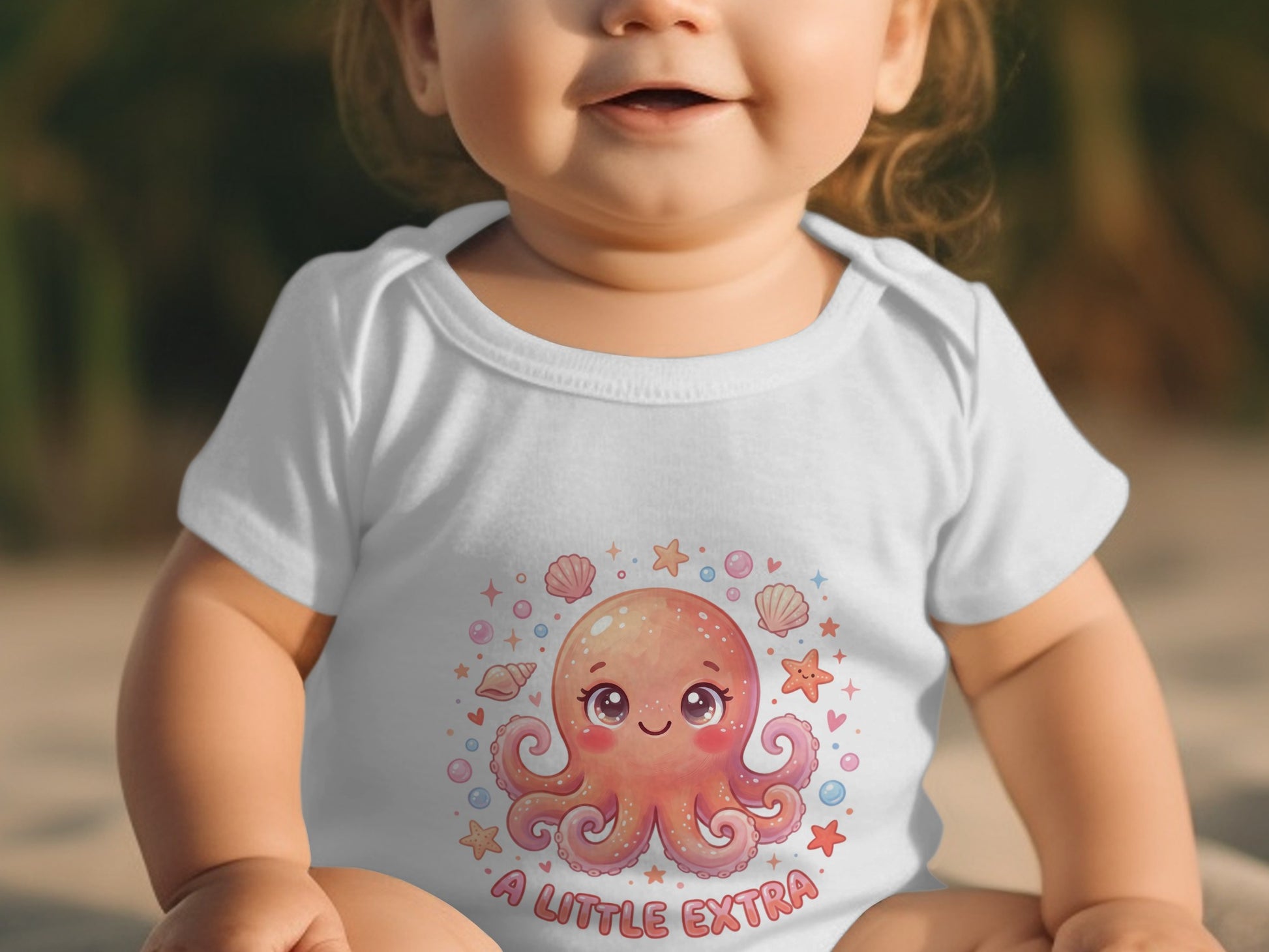 Baby in white onesie with colorful octopus and "A LITTLE EXTRA" text.